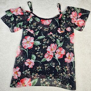 Women's Cabi Floral Cold Shoulder Top Size M Black Pink Blouse Adjustable Straps